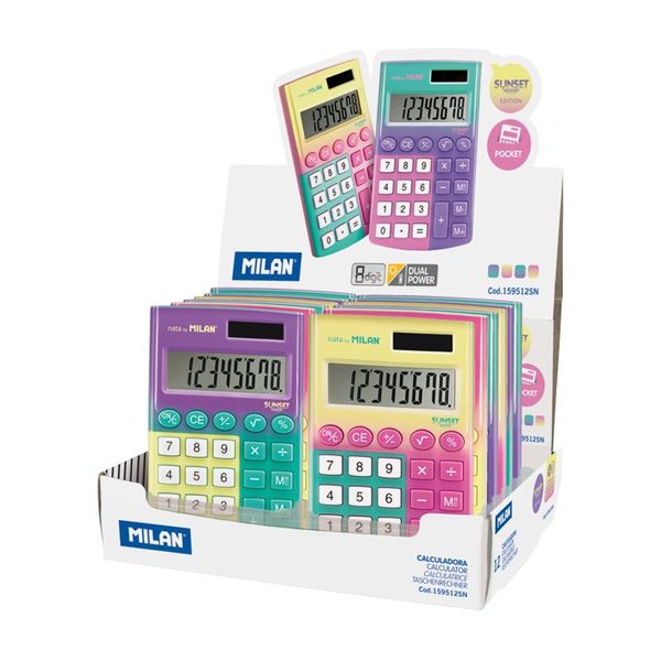 159512SN caja expositora 12 calculadoras 8 digitos pocket sunset milan 159512sn