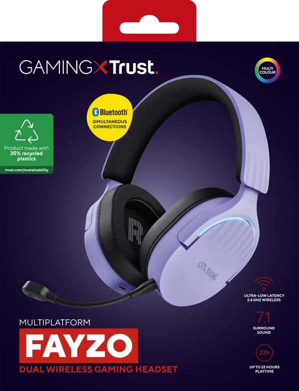 25305 headset bluetooth trust gaming fayzo gxt 491 lila 25305 bt y usb 2.4ghz microfono desmontable y flexible carga usb c controles en la oreja rgb
