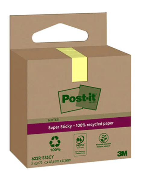 7100284575 pack 3 blocs 70 hojas notas recicladas adhesivas 47.6x47.6mm super sticky amarillo pastel caja carton 622 rss3cy post it 7100284575
