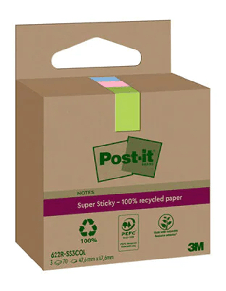7100284577 pack 3 blocs 70 hojas notas recicladas adhesivas 47.6x47.6mm super sticky colores surtidos caja carton 622 rss3col post-it 7100284577