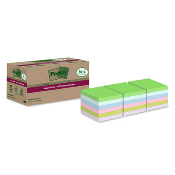 7100284782 pack 14-4 blocs 90 hojas notas recicladas adhesivas 76x76mm super sticky colores surtidos 654 rsscol14-4 post-it 7100284782