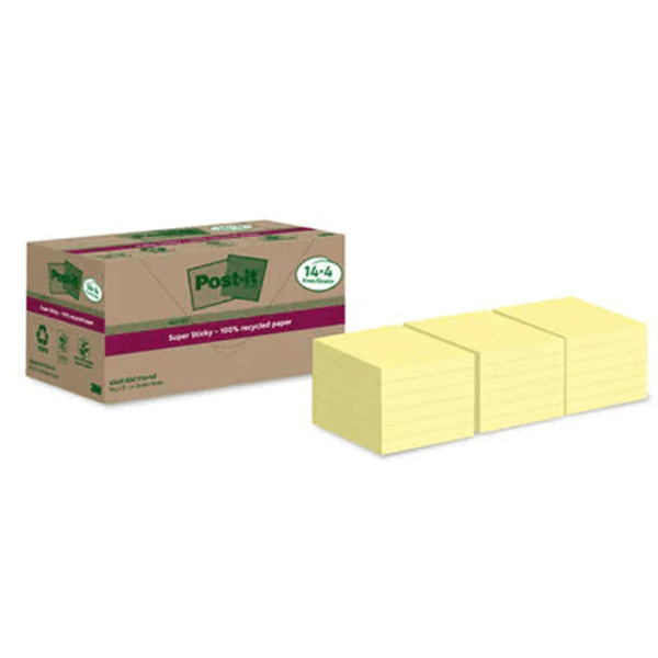 7100284878 pack 14-4 blocs 90 hojas notas recicladas adhesivas 76x76mm super sticky amarillo pastel 654 rsscy14-4 post-it 7100284878