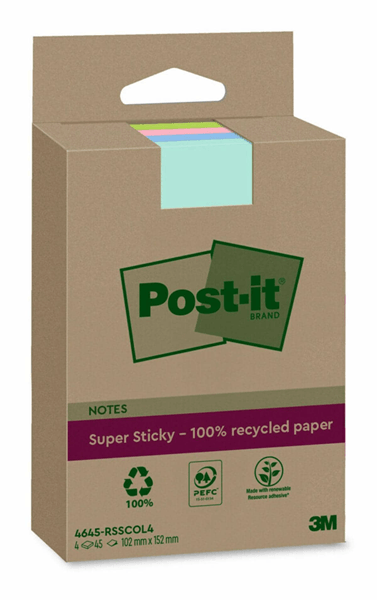 7100321348 pack 4 blocs 45 hojas notas recicladas adhesivas 102x152mm super sticky colores surtidos con lineas 4645-rsscol4 post-it 7100321348