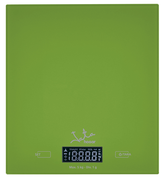 729V bascula de cocina jata hasta 5kg precision 1g 1ml informa peso volumen funcion tara visor lcd superficie cristal seguridad verde 729v