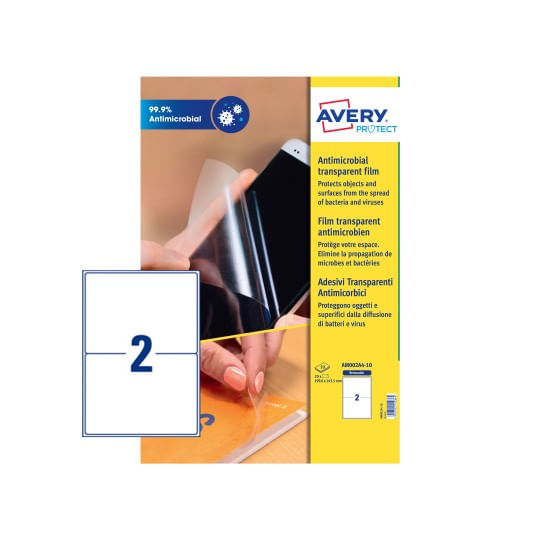 AM002A4 caja de 10 hojas 2 etiquetas x hoja adhesivas antibacterianas y antimicrobianas poliester transparente 199.6x143.5mm avery am002a4