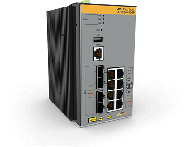 AT-IE340-12GP-80 switch industrial l3 gestionable con 8 puertos 10-100-1000 poe-y 4 bahias sfp 100-1000x
