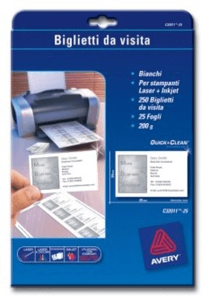 C32011-25 paquete 25 hojas tarjetas de visita blancas 200g quick clean ecologicas impresoras laser 85x54 mm avery c32011 25