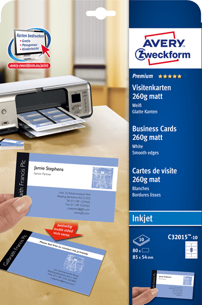 C32015-10E paquete 10 hojas tarjetas de visita blancas quick clean de papel cuche opacas-260 g-impresoras de inyeccion de tinta-85x54 mm avery c32015-10e
