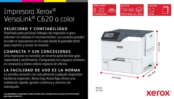 C620V_DN impresora xerox versalink versalink c620 a4 50 ppm impresora a doble cara ps3 pcl5e 6 2 bandejas 650 hojas laser da plex color