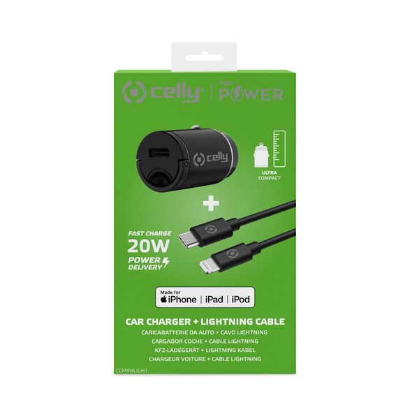 CCMINILIGHT celly kit cargador coche cable usbc a lightning 20w propower negro
