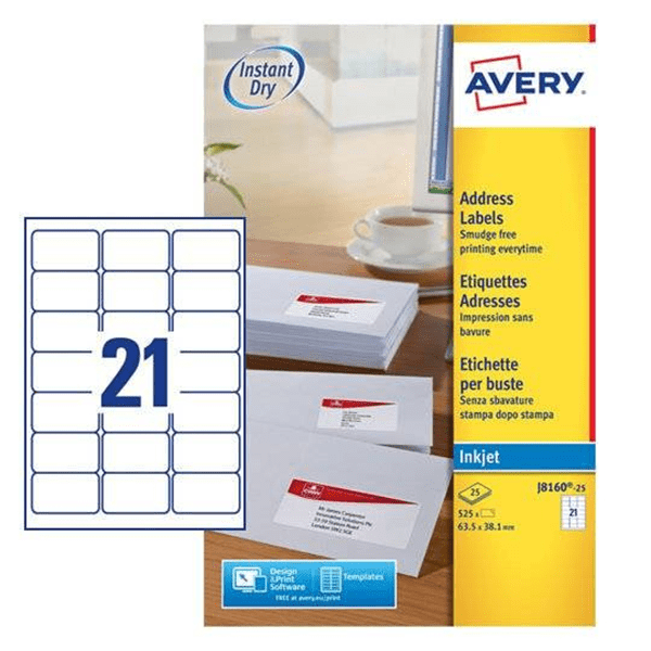 J8160-25 paquete 25 hojas etiquetas blancas quick dry impresoras de inyeccion de tinta 63.5x38.1 mm avery j8160 25