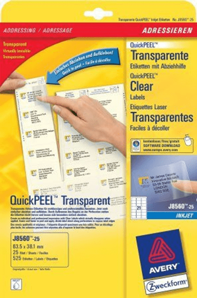 J8560-25 paquete 25 hojas etiquetas transparentes quickpeel-impresoras de inyeccion de tinta-63.5x38.1 mm avery j8560-25