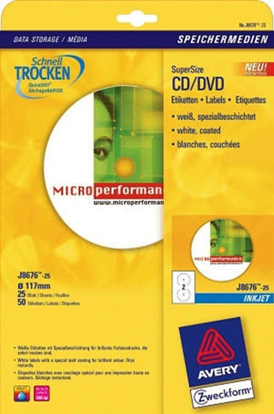 J8676-25 paquete 25 hojas etiquetas full face no touch blancas papel cuche opaca para cd impresoras inyeccion tinta 117 mm avery j8676 25