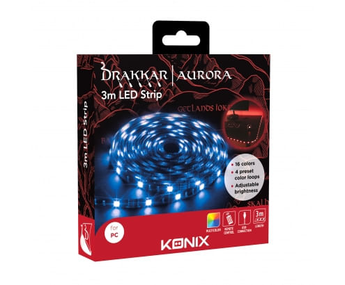 KX-DK-LED-3M tira led konix drakkar aurora 16 colores 4 presets brillo  ajustable conectada a fuente kx-dk-led-3m