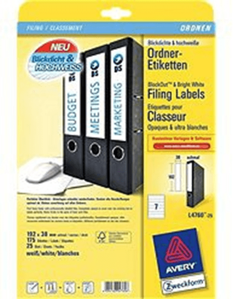 L4760-25 paquete 25 hojas etiquetas blancas para archivadores con dorso fino-impresoras laser-192x38 mm avery l4760-25