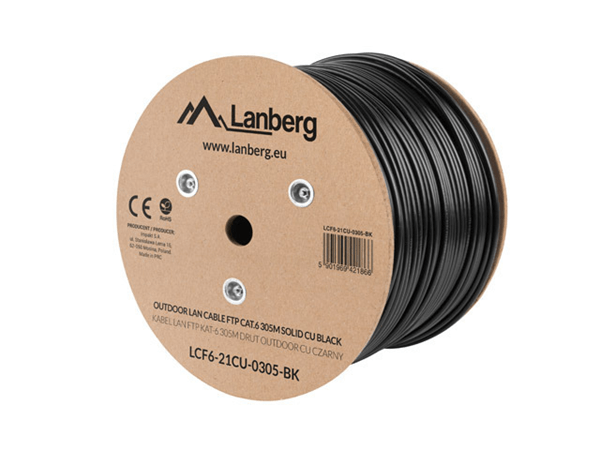 LCF6-21CU-0305-BK bobina cat.6 lanberg outdoor ftp rj45 solido cobre fluke tested awg24 305m negro