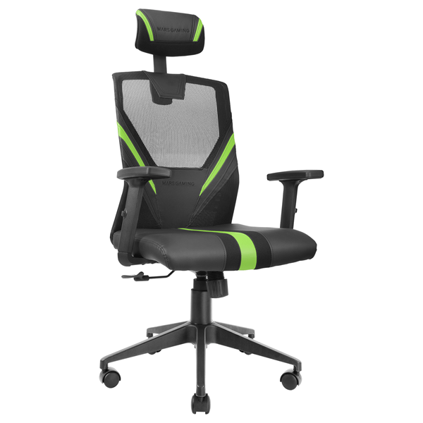 MGCERGOBG silla ergonomica mars gaming mgc-ergo negra con detalles en verde respaldo en malla transpirable ajuste lumbar-cervical-reposabrazos