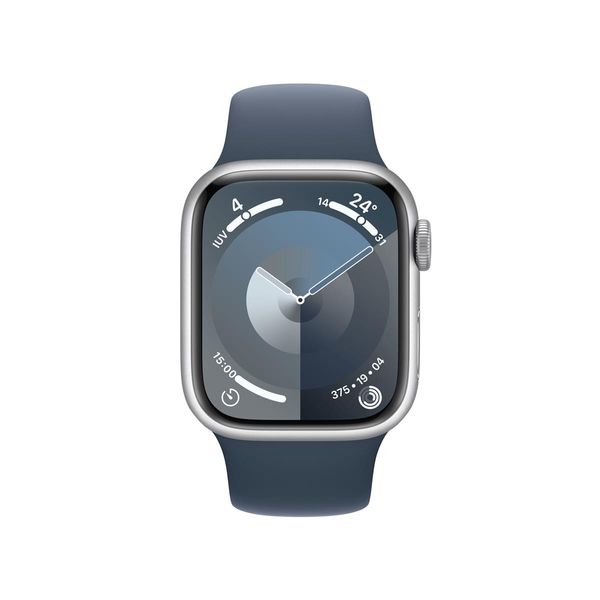MR903QL_A apple watch series 9 gps 41mm silver aluminium case with storm blue sport band s m