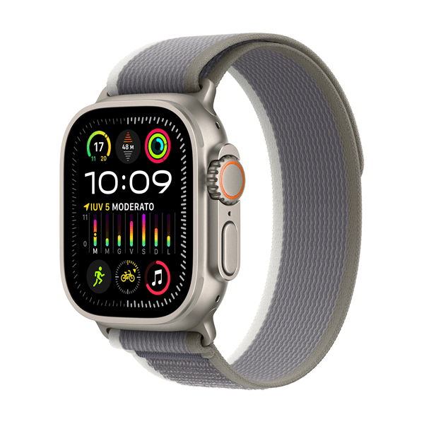 MRF33TY_A apple watch ultra 2 gps cellular 49mm titanium case with green grey trail loop s m