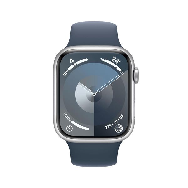 MRMG3QL_A apple watch series 9 gps cellular 45mm silver aluminium case with storm blue sport band s m