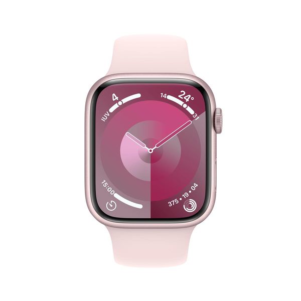 MRMK3QL_A apple watch series 9 gps cellular 45mm pink aluminium case with light pink sport band s m