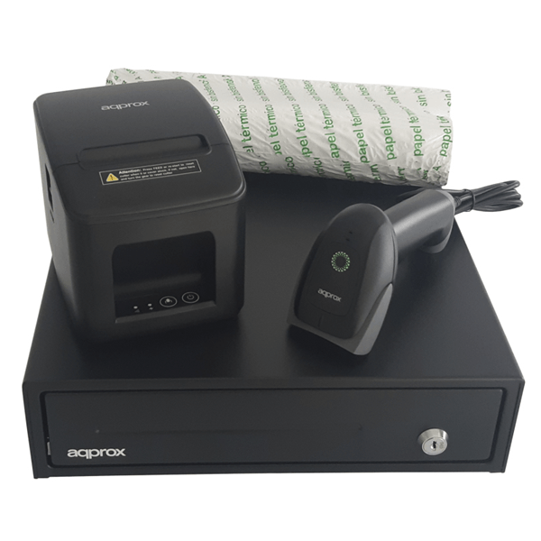 POSPACK3380USB-2D kit tpv approx cajon portamonedas appcash33 negro-lector-scanner appls22-impresora termica apppos80am-usb-pack rollos papel cyt8060bpa