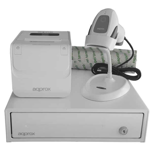 POSPACK3380WH-2D kit tpv approx cajon portamonedas appcash33wh blanco-lector-scanner appls22wh-impresora termica apppos80amusewh-pack rollos papel cyt8060bpa