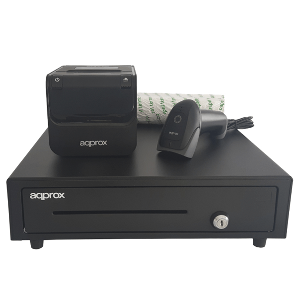 POSPACK4180-2D kit tpv approx cajon portamonedas appcash01 negro lector scanner appls22 sin peana impresora termica apppos80am usb pack rollos papel cyt8060bpa