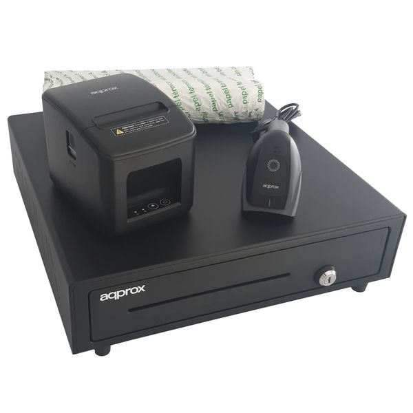 POSPACK4180USB-2D kit tpv approx cajon portamonedas appcash01 negro lector scanner appls22 impresora termica apppos80am usb pack rollos papel cyt8060bpa