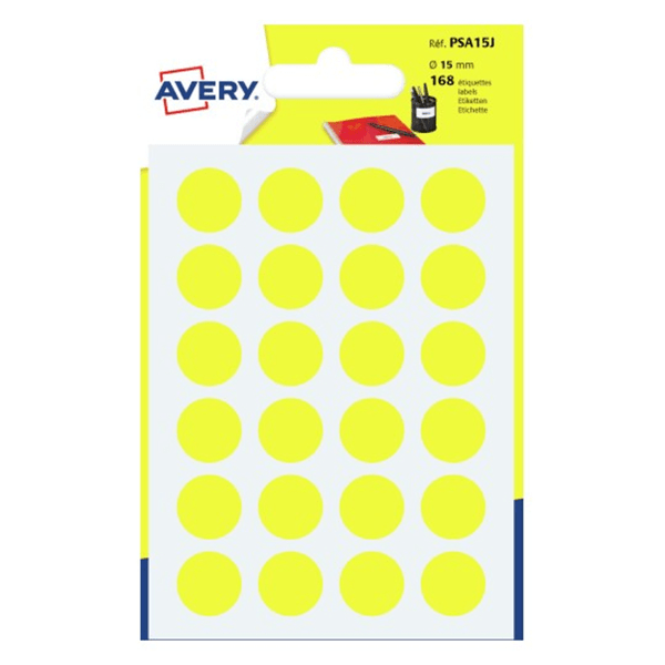 PSA15J paquete 7 hojas etiquetas redondas gomets amarillas 15mm diametro avery psa15j