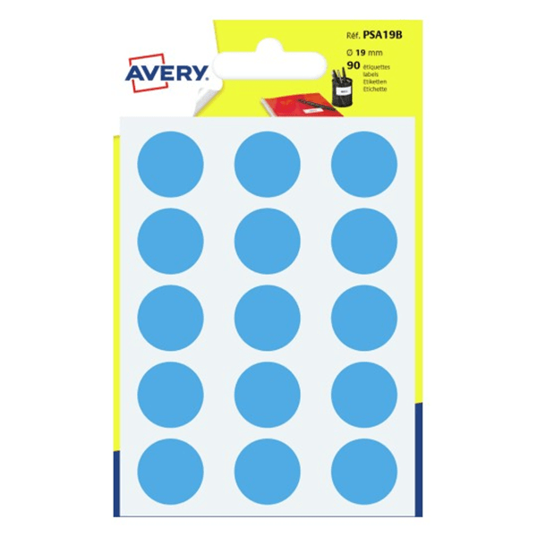 PSA19B paquete 6 hojas etiquetas redondas gomets azul 19mm diametro avery psa19b