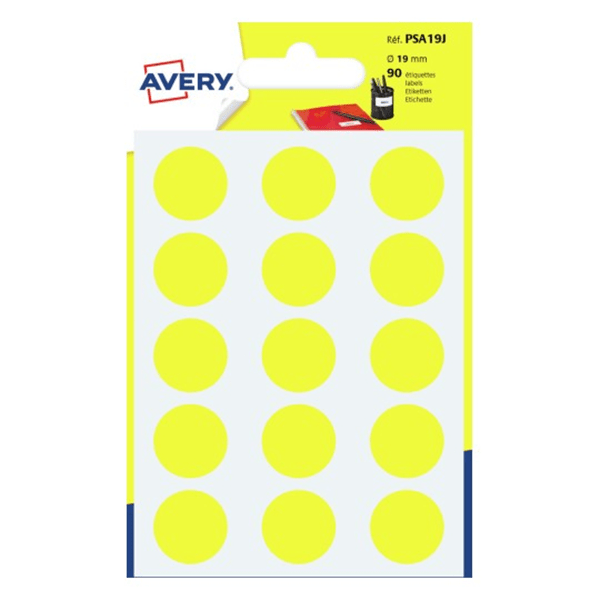PSA19J paquete 6 hojas etiquetas redondas gomets amarillas 19 mm diametro avery psa19j