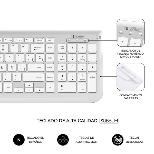 SUBKBC-DCEP10 teclado con raton bluetooth 2.4g combo dual prestige extendido plata blanco