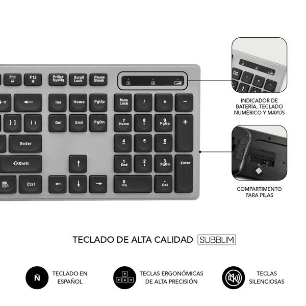 SUBKBW-CEKE01 teclado raton inalambrico subblim plano ergo grey