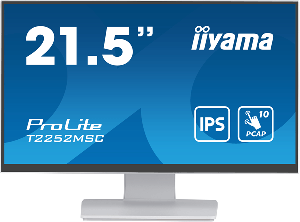 T2252MSC-W2 monitor iiyama 21.5p white bonded pcap. 10p touch with anti-finger print coating. 1920x1080. ips-slim panel design. hdmi. displayport. 250cd-m with touch. usb 2x 3.0 t2252msc-w2