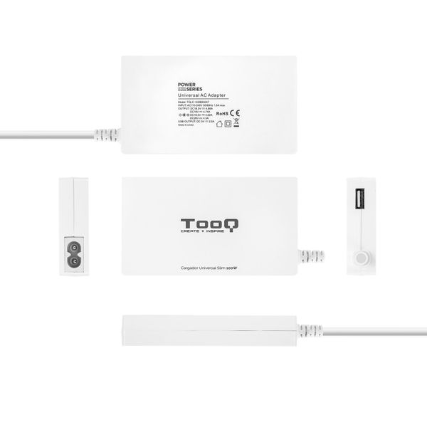 TooQ Cargador automático universal slim multi tensión para portátil 100W  con USB 2A y 9 conectores