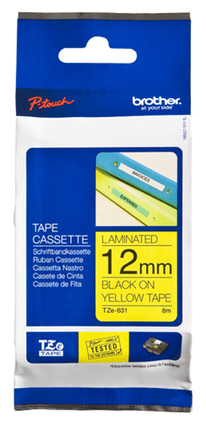 TZE631 cinta etiquetadora brother laminada 12mm tzn631 texto negro sobre fondo amarillo