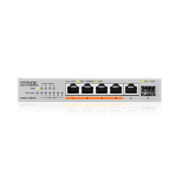 XMG-105HP-EU0101F zyxel xmg 105 5 ports 2.5g 1 sfp . 4 ports 70w total poe  desktop multigig unmanaged switch